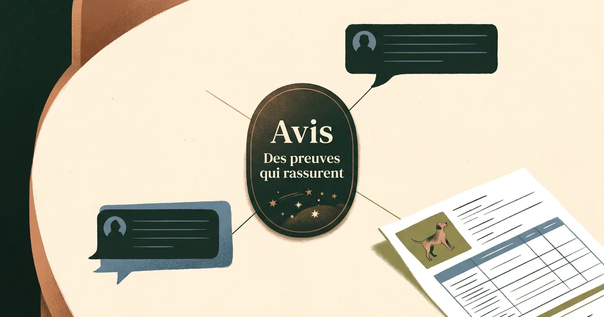 Bulles de témoignages de familles reliées à une carte avis et fiche