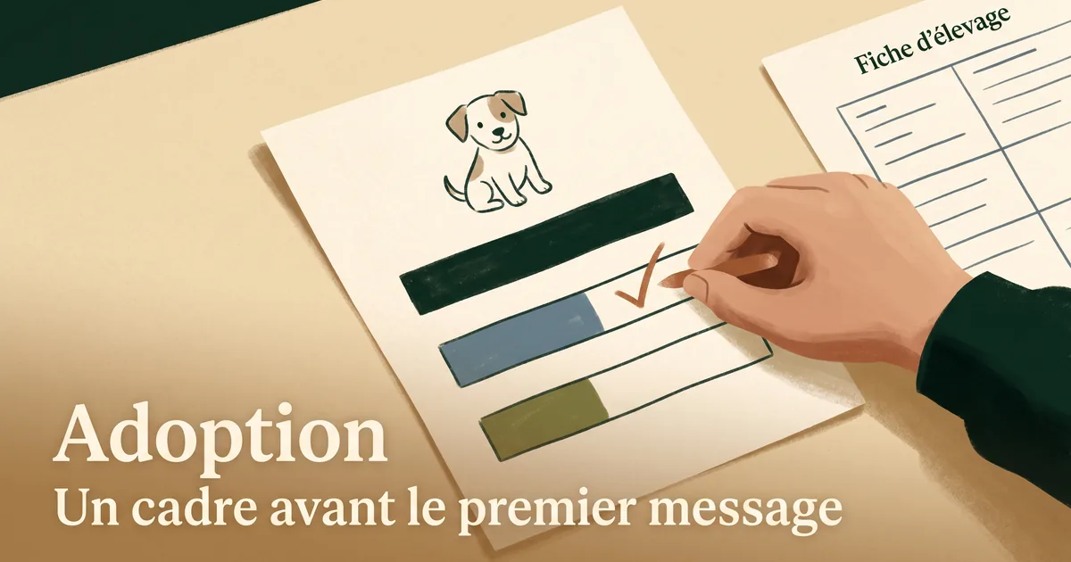 Page adoption d'élevage avec étapes cochées et une illustration de chien