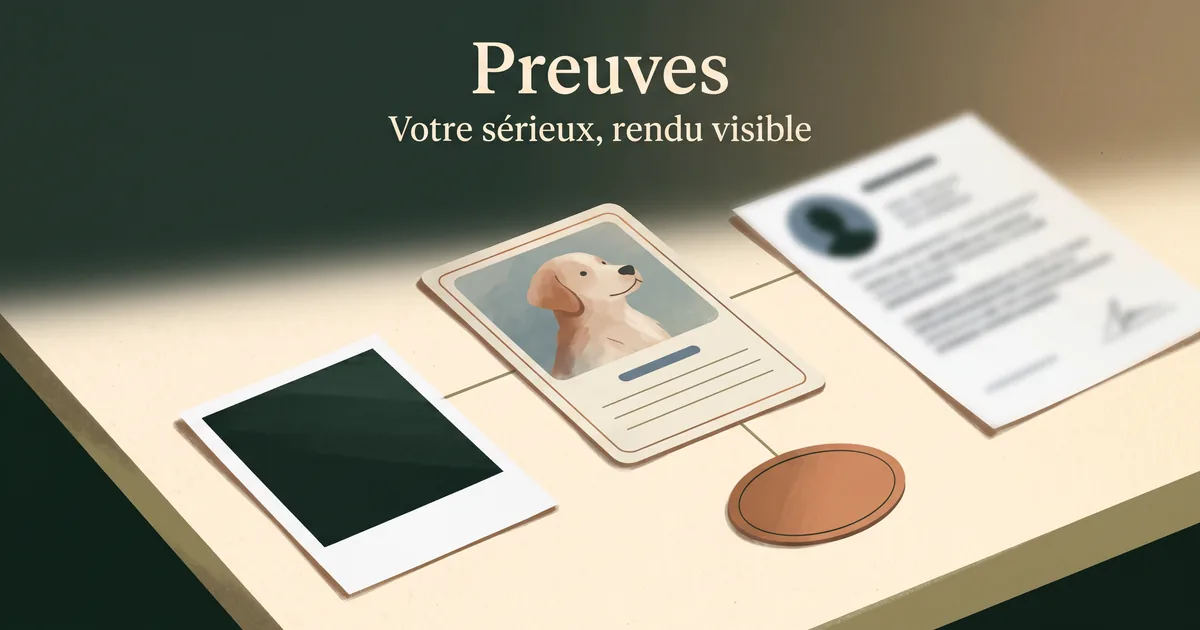 Fiche d'élevage entourée de preuves classées sur table crème