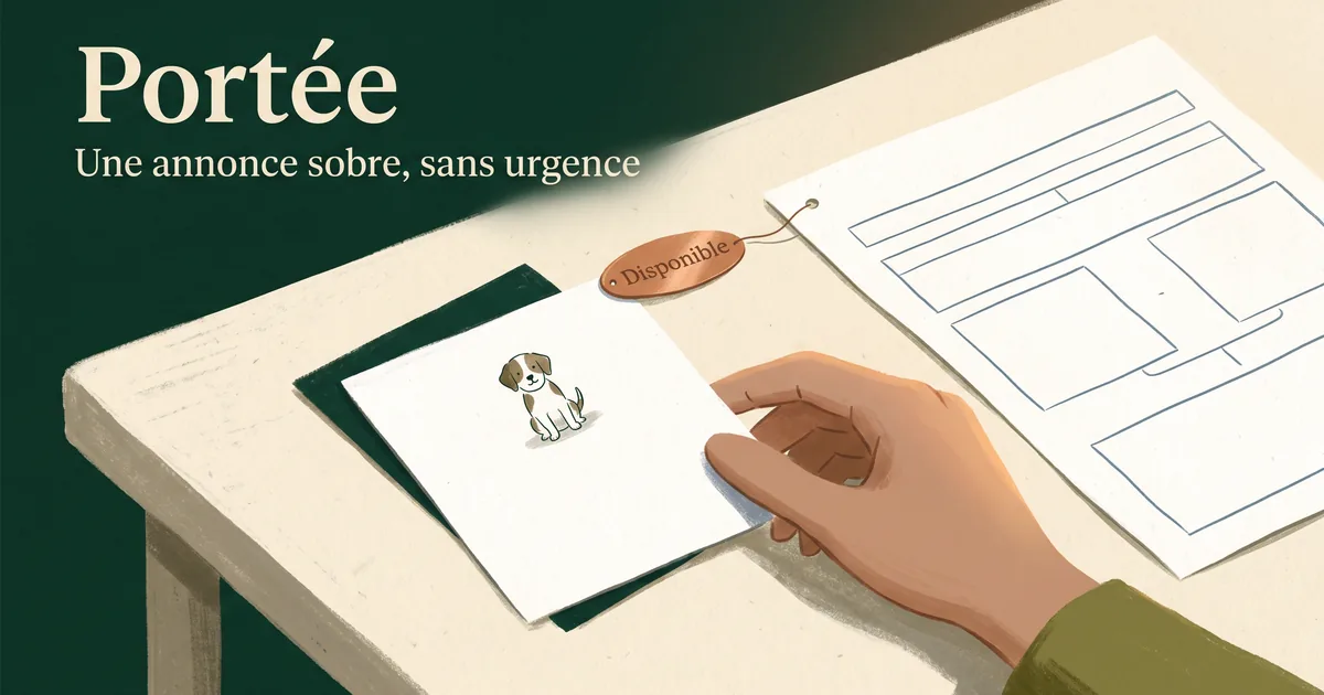 Modèle d'annonce de portée d'élevage sobre avec fiche et chien